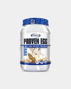 Gaspari Nutrition Proven Egg -Never backdown Proven Egg Coconut Custard Pie Front White Tub grey